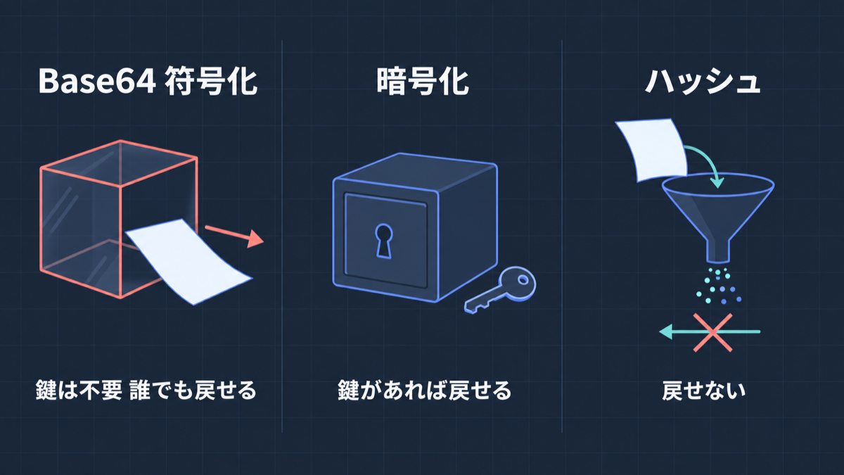 Base64 符号化は鍵が不要で誰でも戻せる。暗号化は鍵があれば戻せる。ハッシュは戻せない