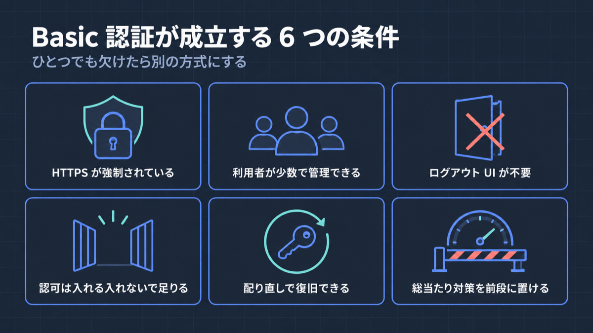 Basic 認証が成立する 6 つの条件。HTTPS が強制されている、利用者が少数で管理できる、ログアウト UI が不要、認可は入れる入れないで足りる、配り直しで復旧できる、総当たり対策を前段に置ける