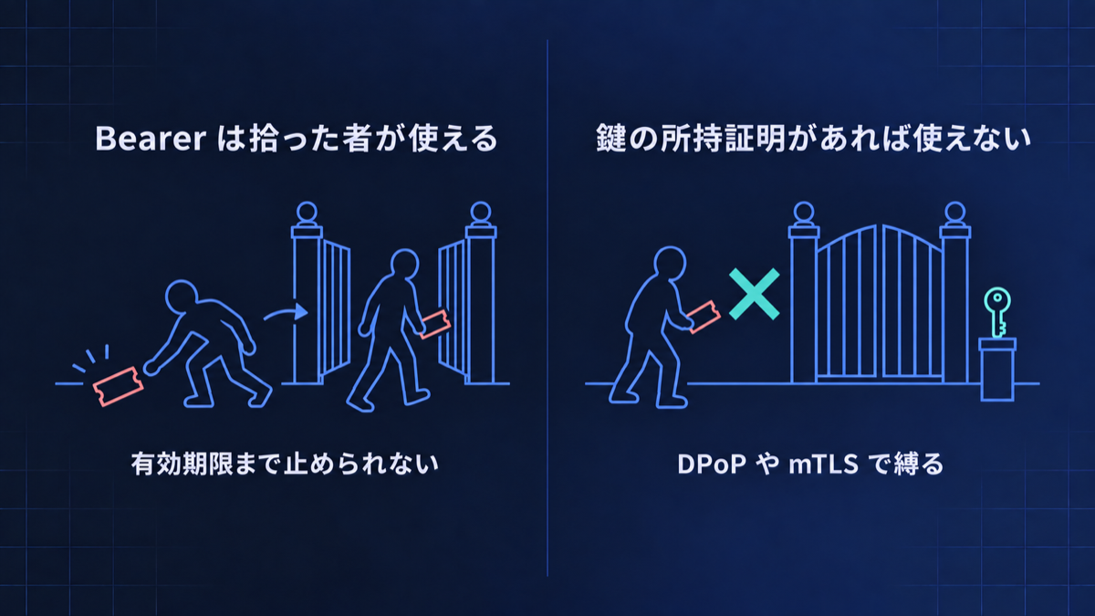 Bearer トークンは拾った人が使えるが、sender-constrained トークンは鍵がないと使えない