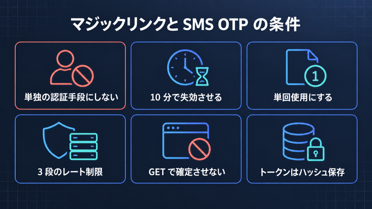 マジックリンクと SMS OTP が成立する 6 つの条件を 1 枚にまとめた復習カード
