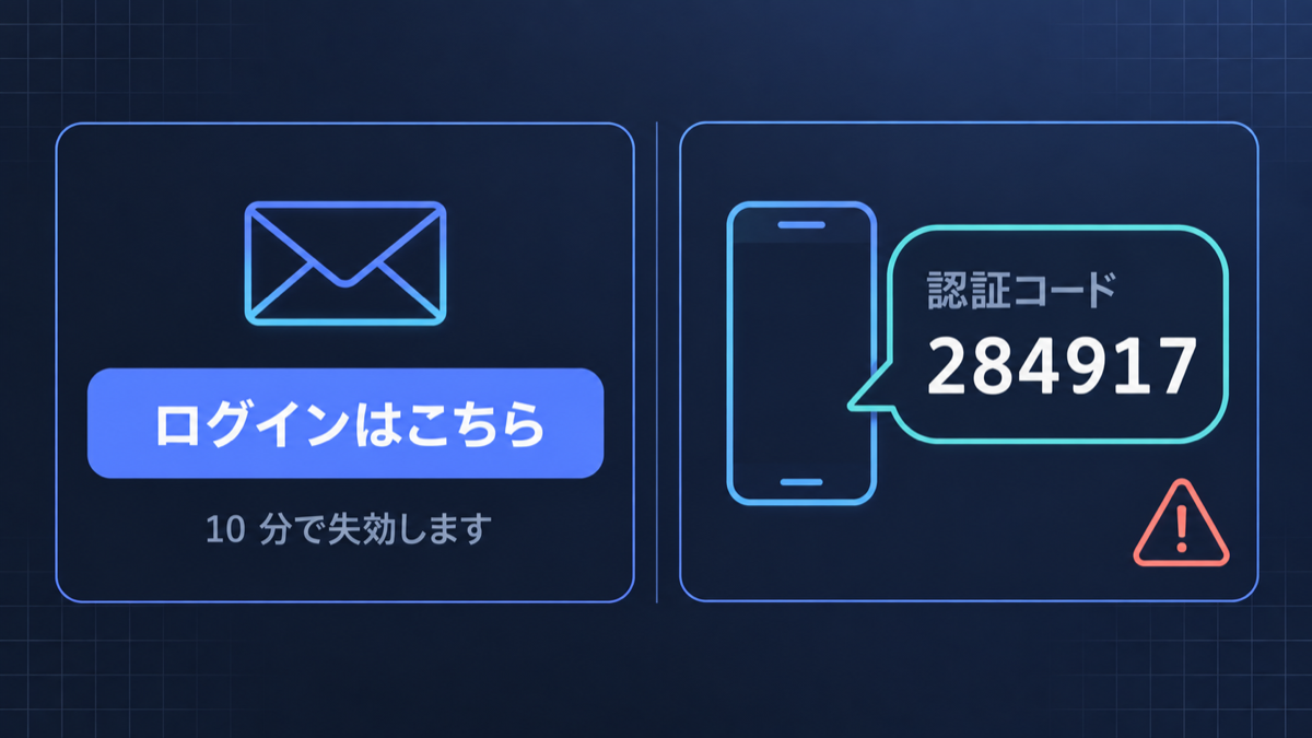 メールに届いたマジックリンクと、SMS に届いた 6 桁コードの見た目の対比