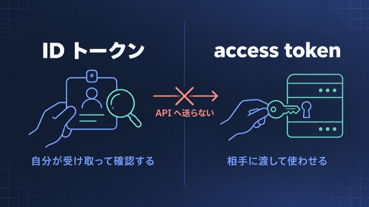 ID トークンは自分が確認する身分証、access token は相手に渡す鍵という対比